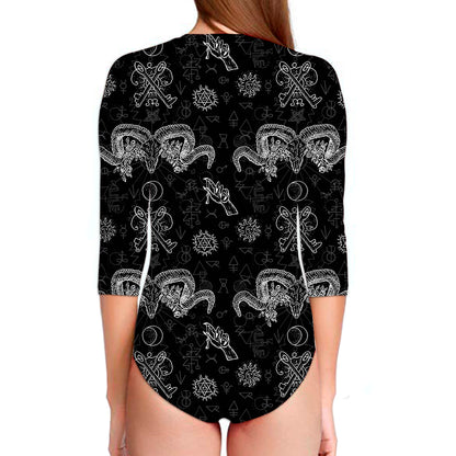 Black And White Wicca Gothic Print Long Sleeve Swimsuit