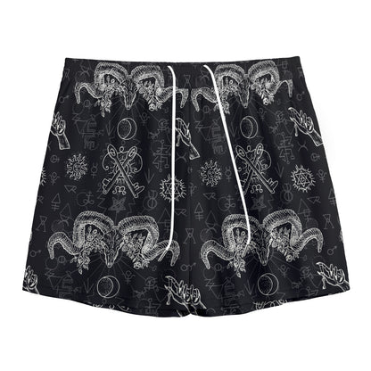 Black And White Wicca Gothic Print Mesh Shorts
