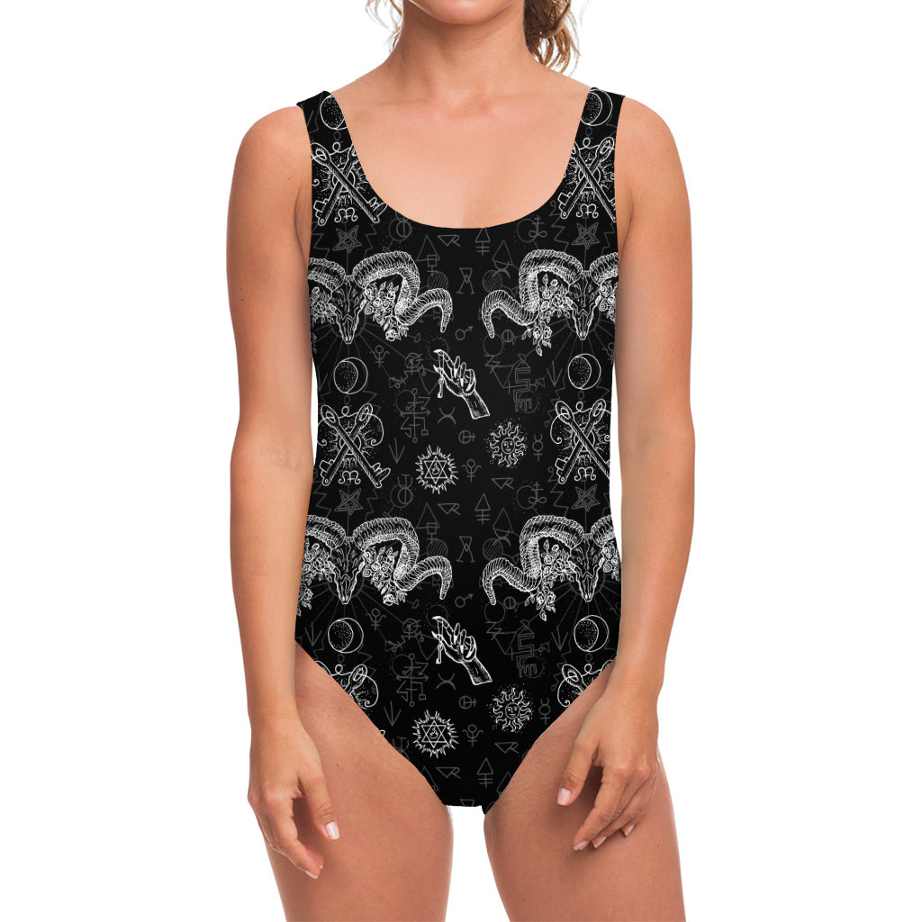Black And White Wicca Gothic Print One Piece Swimsuit