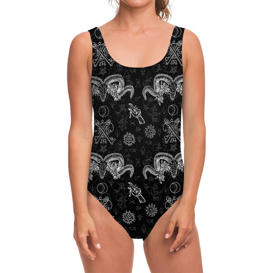 Black And White Wicca Gothic Print One Piece Swimsuit