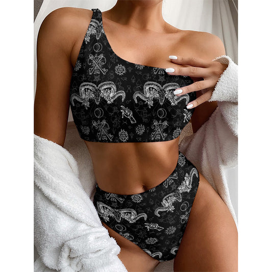 Black And White Wicca Gothic Print One Shoulder Bikini Top