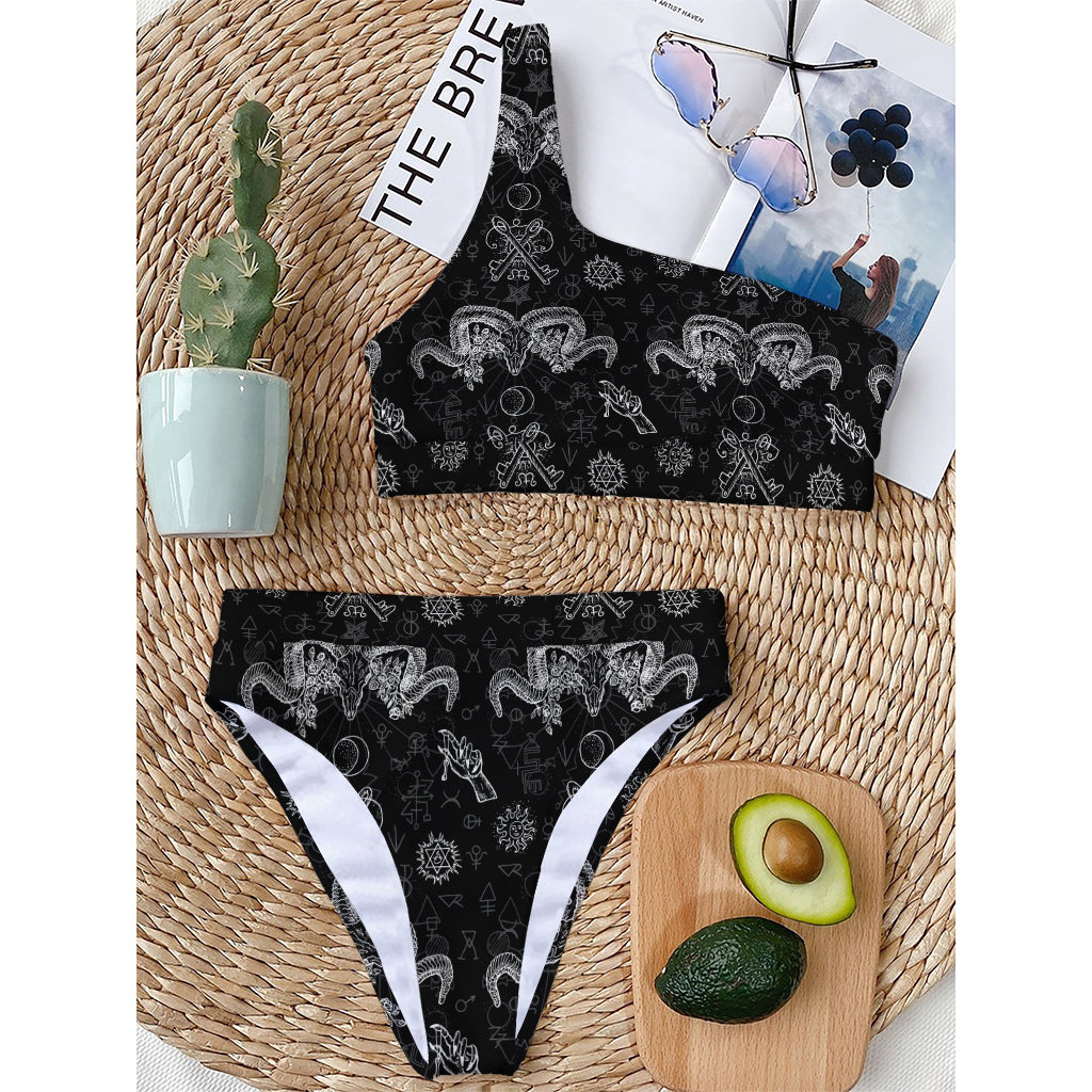 Black And White Wicca Gothic Print One Shoulder Bikini Top