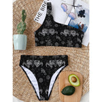 Black And White Wicca Gothic Print One Shoulder Bikini Top