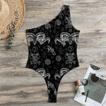 Black And White Wicca Gothic Print One Shoulder Bodysuit