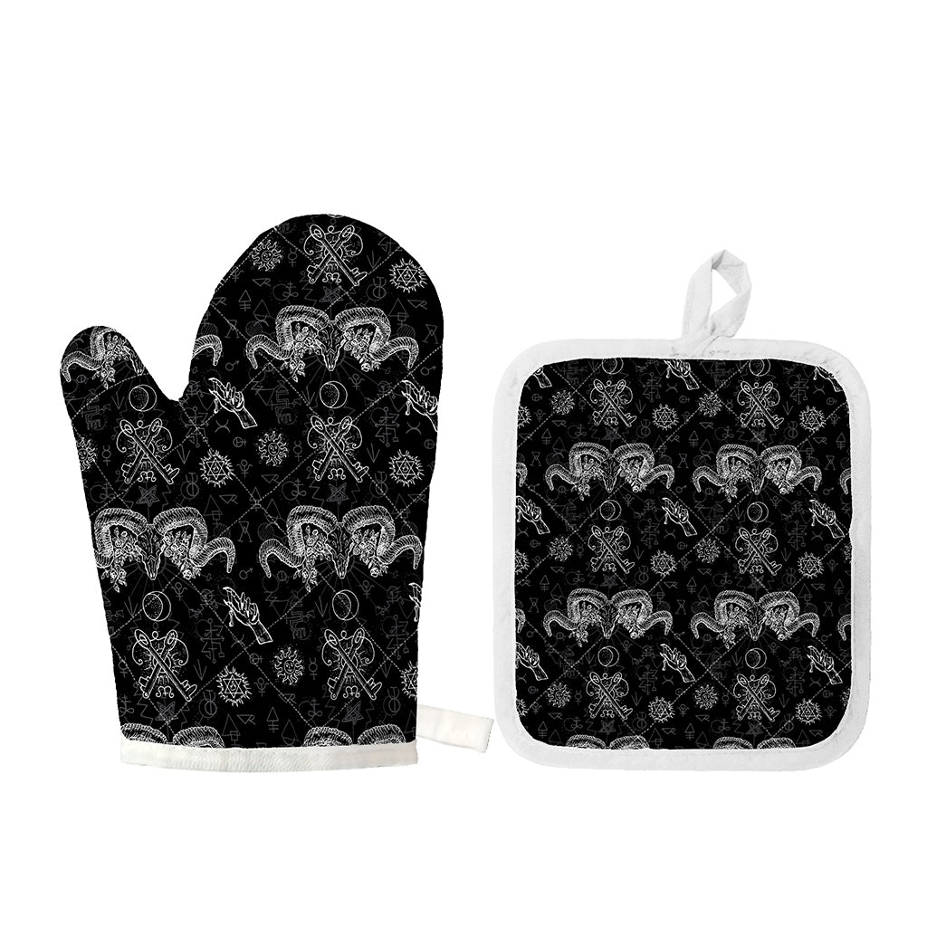 Black And White Wicca Gothic Print Oven Mitt And Pot Holder Set