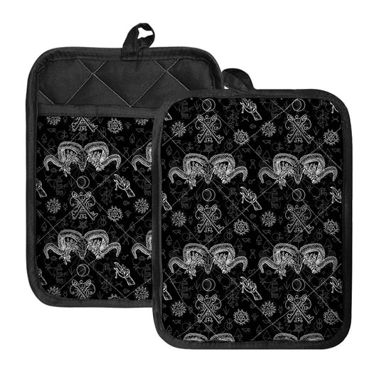 Black And White Wicca Gothic Print Pot Holders With Pocket