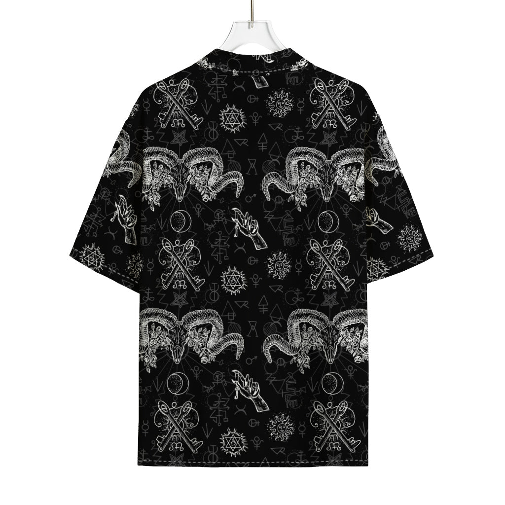 Black And White Wicca Gothic Print Rayon Hawaiian Shirt