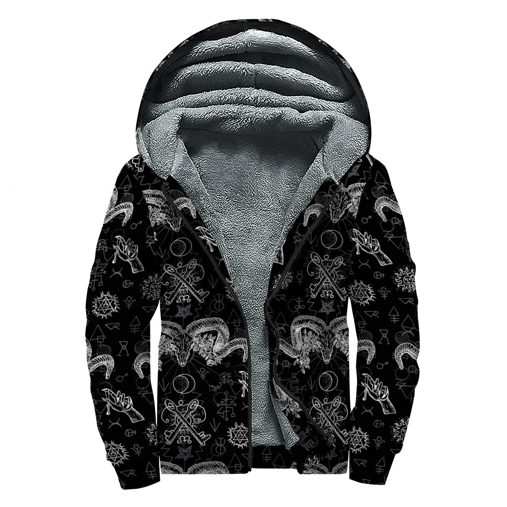 Black And White Wicca Gothic Print Sherpa Lined Zip Up Hoodie