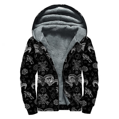 Black And White Wicca Gothic Print Sherpa Lined Zip Up Hoodie