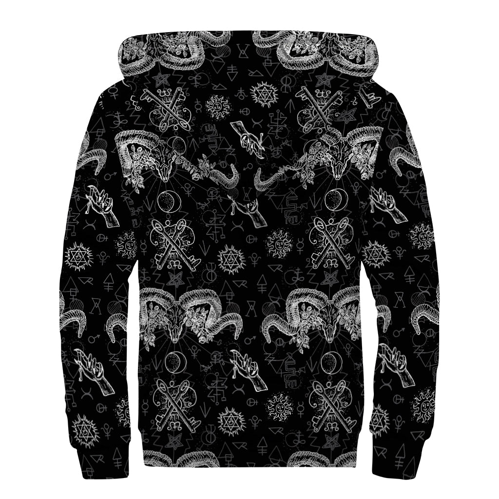 Black And White Wicca Gothic Print Sherpa Lined Zip Up Hoodie