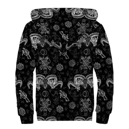 Black And White Wicca Gothic Print Sherpa Lined Zip Up Hoodie