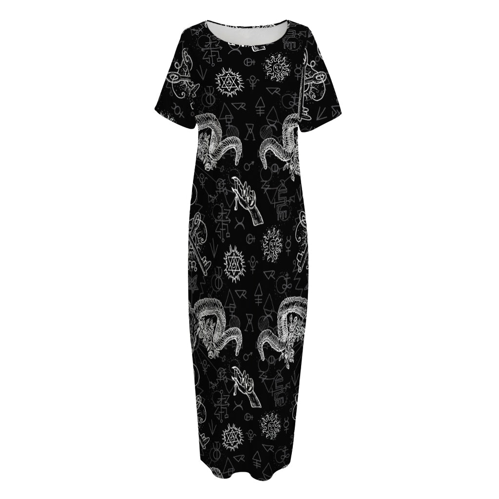 Black And White Wicca Gothic Print Short Sleeve Long Nightdress