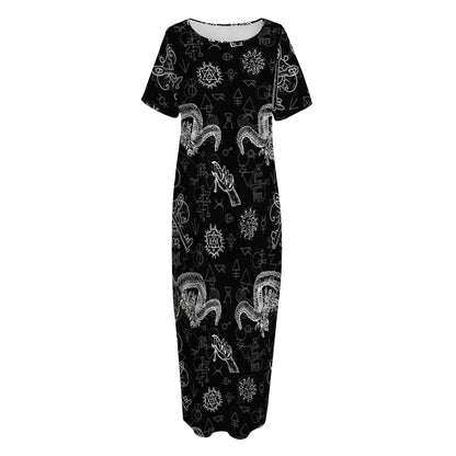 Black And White Wicca Gothic Print Short Sleeve Long Nightdress
