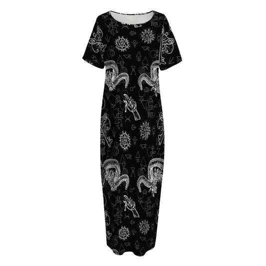 Black And White Wicca Gothic Print Short Sleeve Long Nightdress