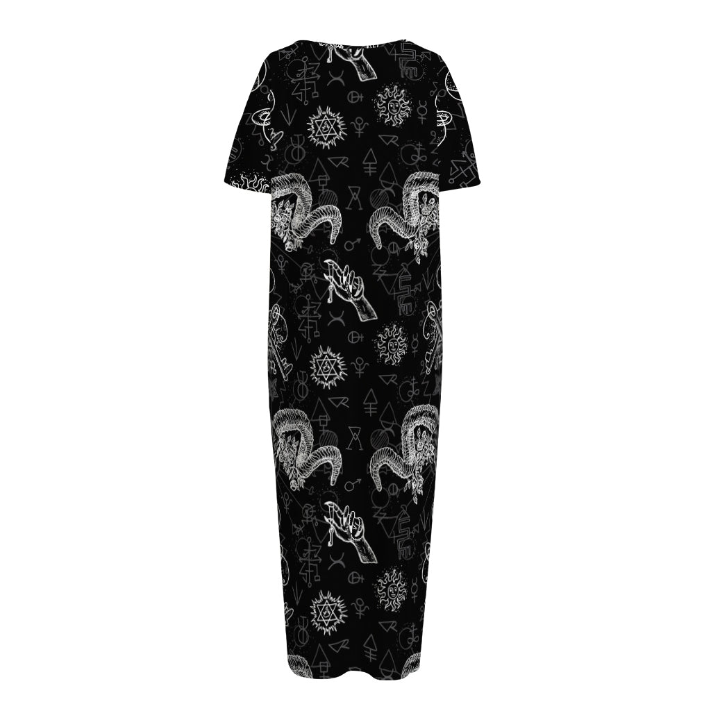 Black And White Wicca Gothic Print Short Sleeve Long Nightdress