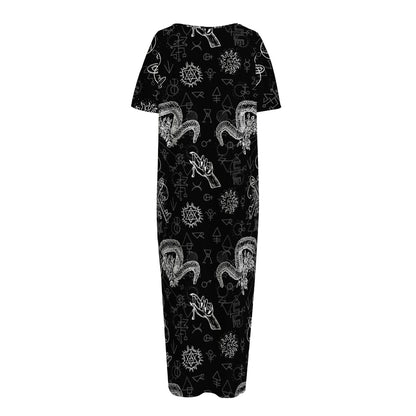 Black And White Wicca Gothic Print Short Sleeve Long Nightdress