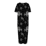 Black And White Wicca Gothic Print Short Sleeve Long Nightdress