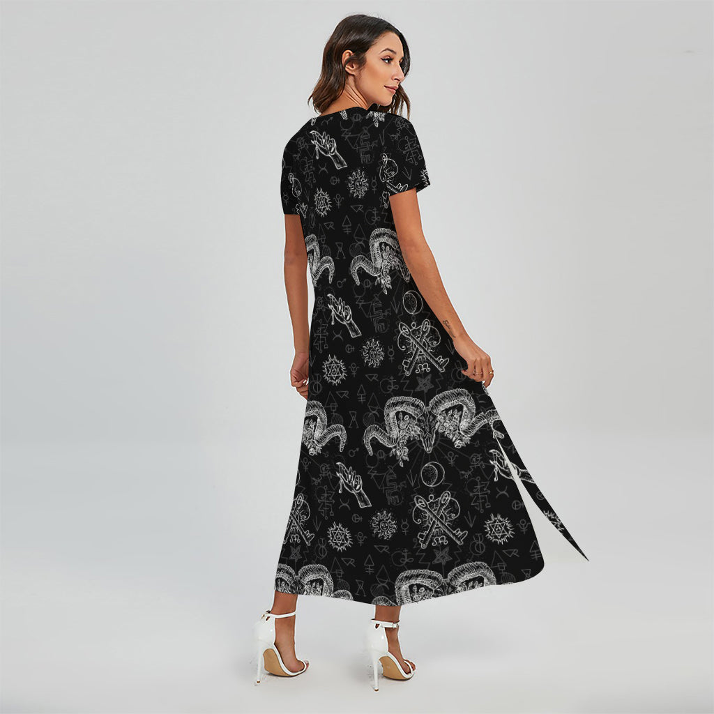 Black And White Wicca Gothic Print Short Sleeve Maxi Dress