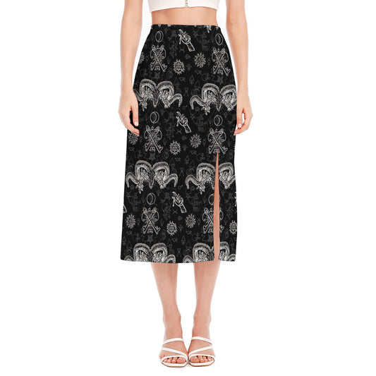 Black And White Wicca Gothic Print Side Slit Midi Skirt