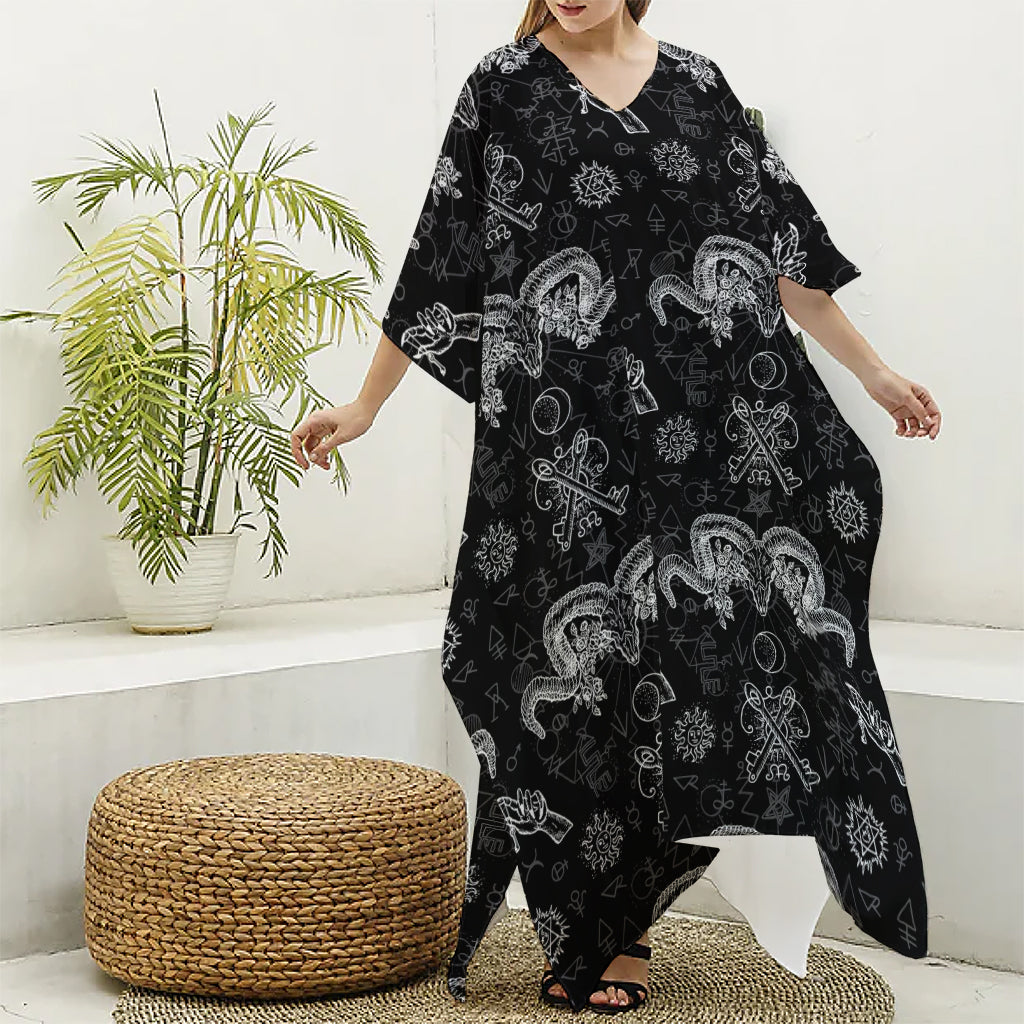 Black And White Wicca Gothic Print Silk V-Neck Kaftan Dress