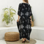 Black And White Wicca Gothic Print Silk V-Neck Kaftan Dress