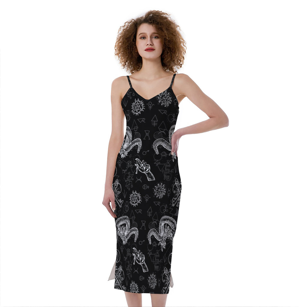 Black And White Wicca Gothic Print Slim Fit Midi Cami Dress