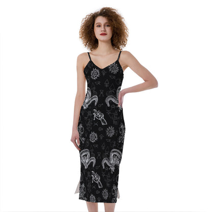 Black And White Wicca Gothic Print Slim Fit Midi Cami Dress