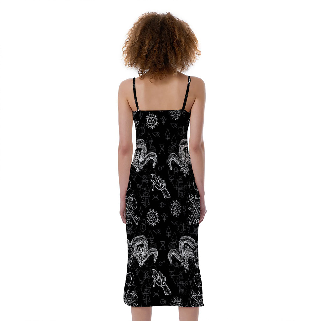 Black And White Wicca Gothic Print Slim Fit Midi Cami Dress
