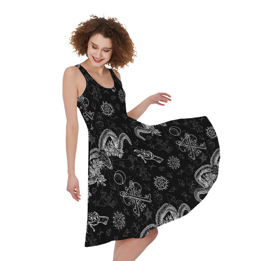 Black And White Wicca Gothic Print Women's Sleeveless Dress