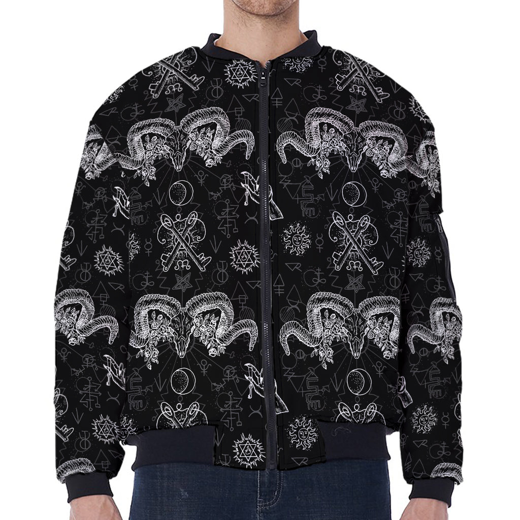 Black And White Wicca Gothic Print Zip Sleeve Bomber Jacket