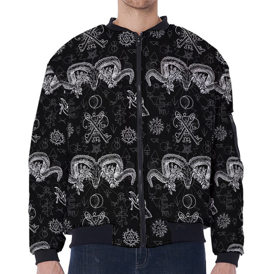 Black And White Wicca Gothic Print Zip Sleeve Bomber Jacket