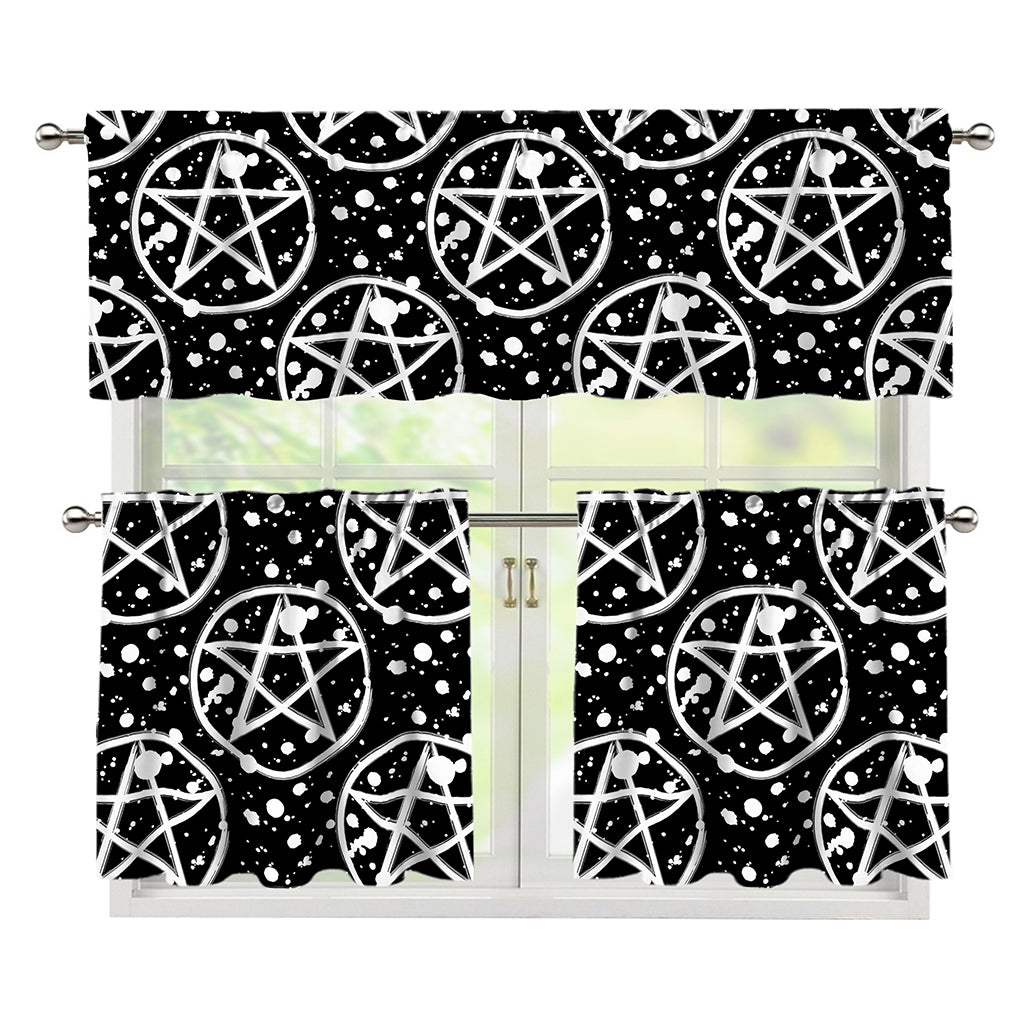 Black And White Wicca Pentagram Print 3 Piece Kitchen Curtains