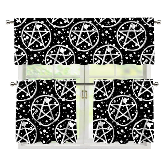 Black And White Wicca Pentagram Print 3 Piece Kitchen Curtains