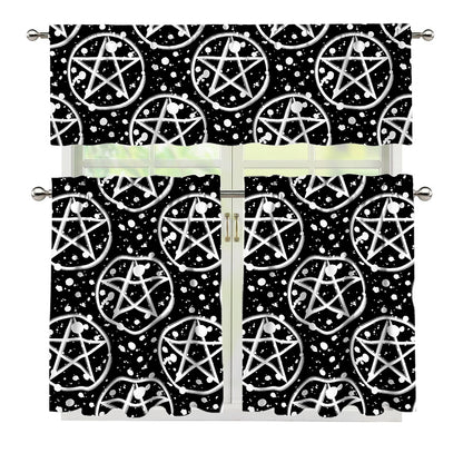Black And White Wicca Pentagram Print 3 Piece Kitchen Curtains