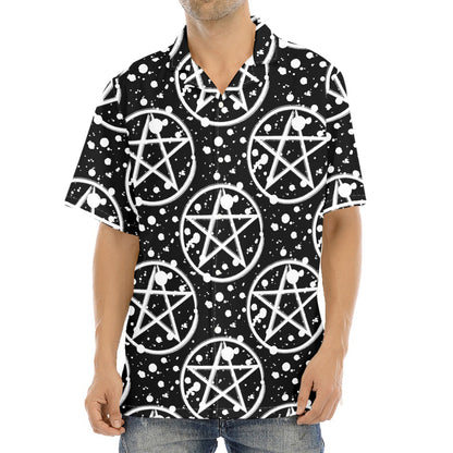 Black And White Wicca Pentagram Print Aloha Shirt