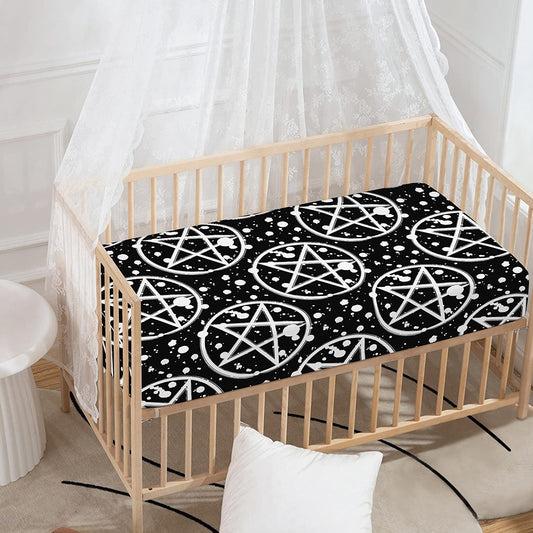 Black And White Wicca Pentagram Print Baby Crib Sheet