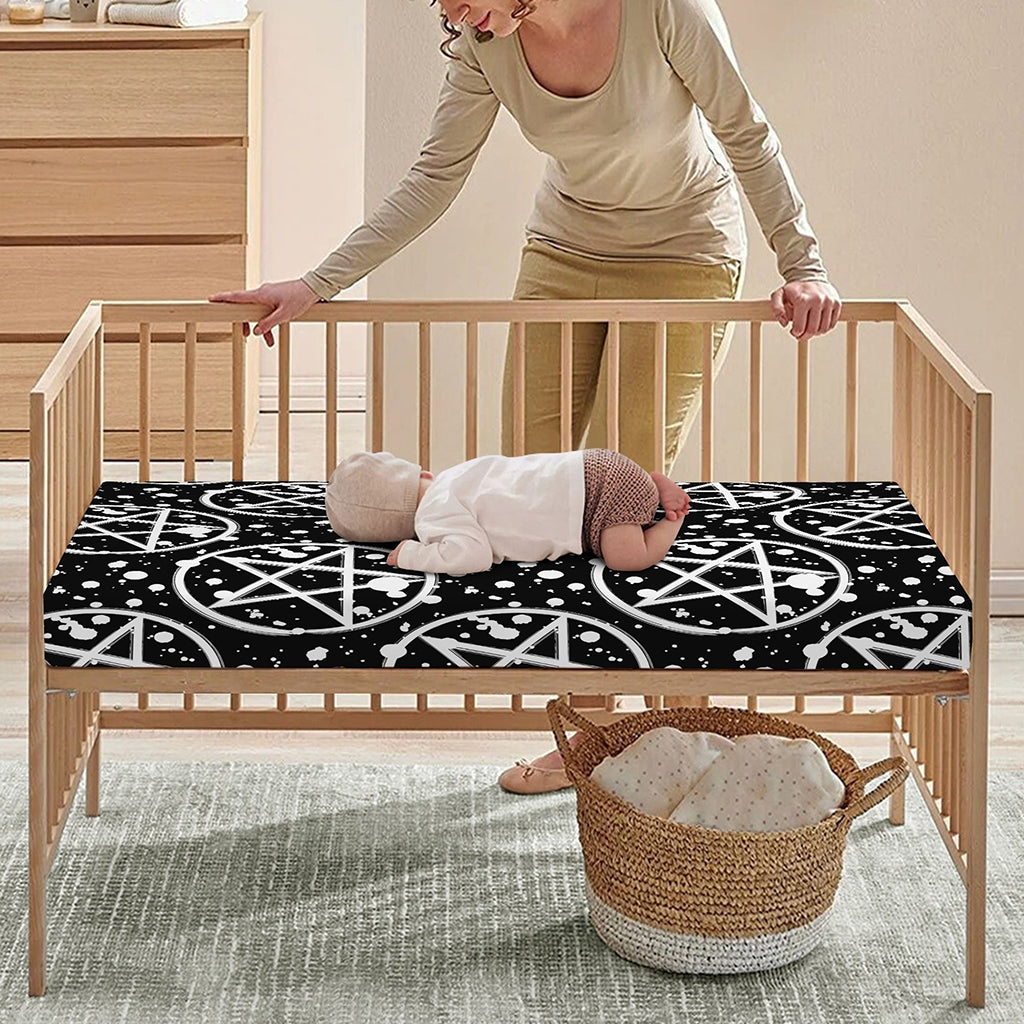 Black And White Wicca Pentagram Print Baby Crib Sheet