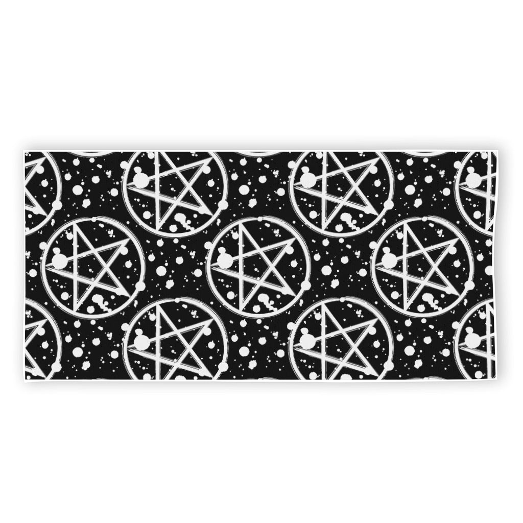 Black And White Wicca Pentagram Print Beach Towel