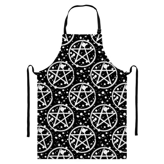 Black And White Wicca Pentagram Print Bib Apron With Pocket
