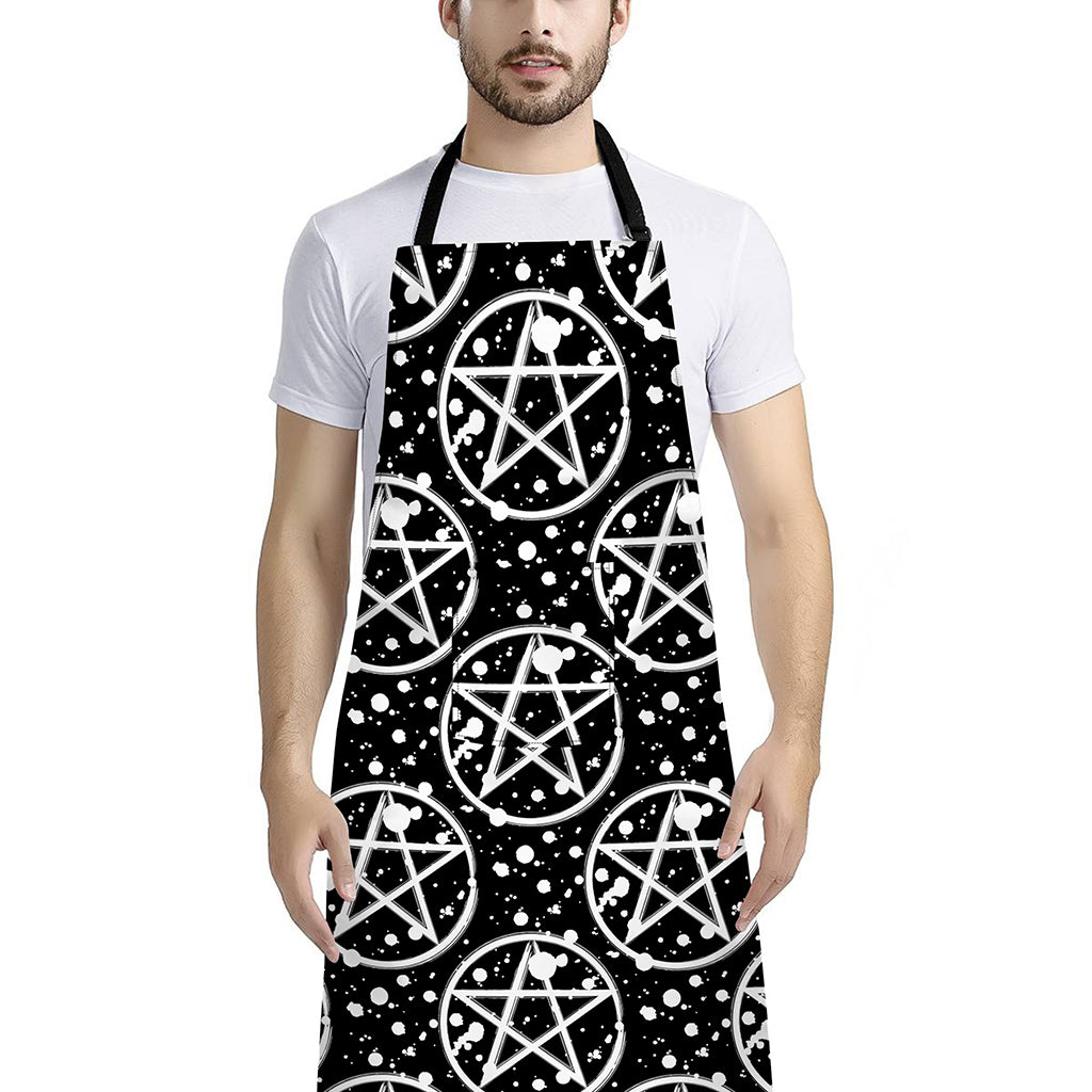 Black And White Wicca Pentagram Print Bib Apron With Pocket