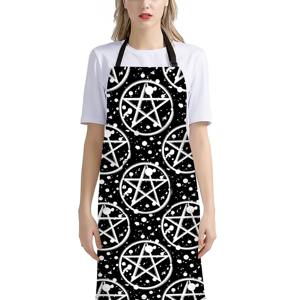 Black And White Wicca Pentagram Print Bib Apron With Pocket