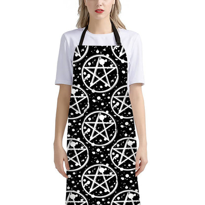 Black And White Wicca Pentagram Print Bib Apron With Pocket