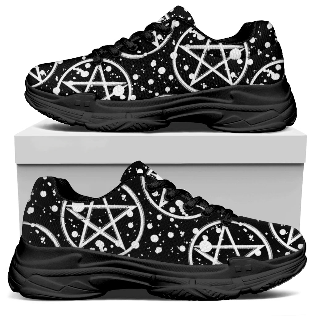 Black And White Wicca Pentagram Print Black Chunky Shoes