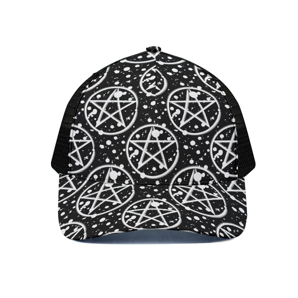 Black And White Wicca Pentagram Print Black Mesh Trucker Cap