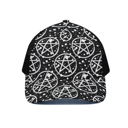 Black And White Wicca Pentagram Print Black Mesh Trucker Cap