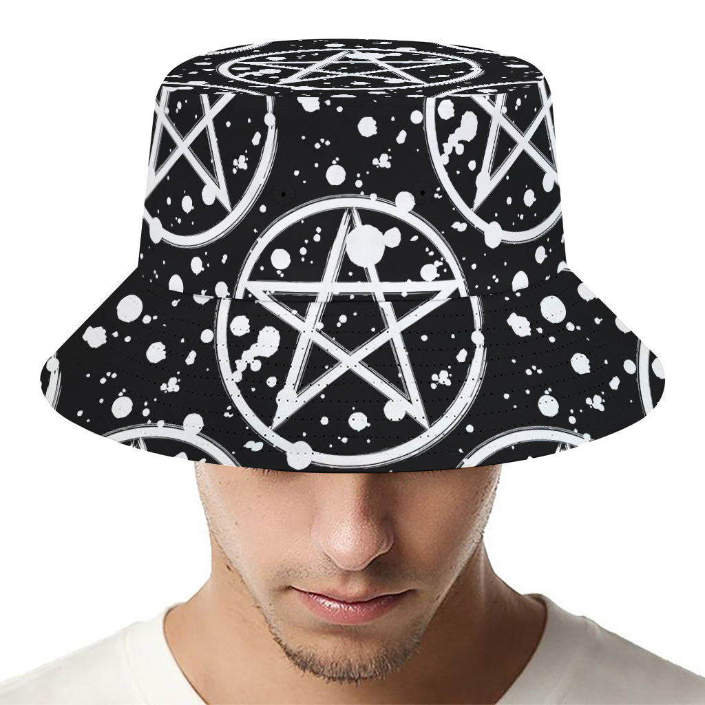 Black And White Wicca Pentagram Print Bucket Hat
