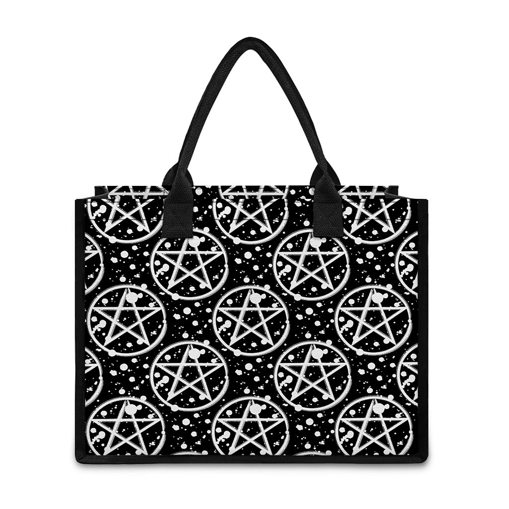 Black And White Wicca Pentagram Print Canvas Tote Bag