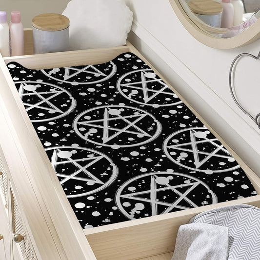 Black And White Wicca Pentagram Print Changing Pad Cover