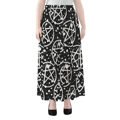 Black And White Wicca Pentagram Print Chiffon Maxi Skirt