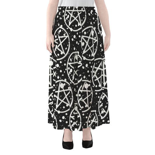 Black And White Wicca Pentagram Print Chiffon Maxi Skirt